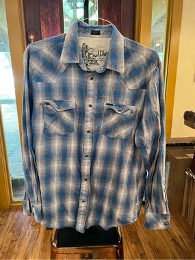 Bullhead Blue and White Plaid Long-Sleeve Button-Down Shirt w/Pearl Snaps